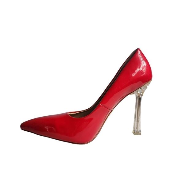 Azalea Wang 7.5 Apple Red Pumps 4.25” Stiletto Clear Heels Patent Leather - Picture 1 of 7